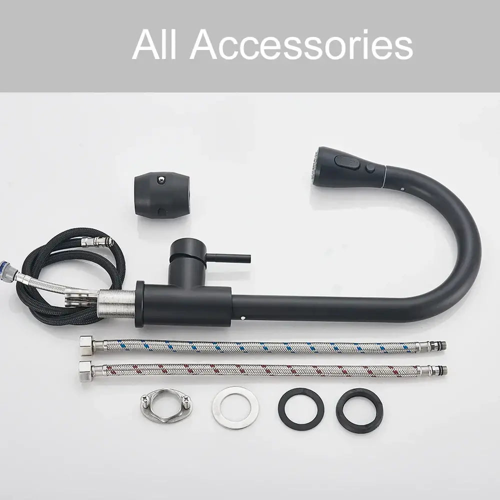 Matte black pull out kitchen sink faucet with flexible gooseneck spout and integrated stream sprayer for kitchen sink use