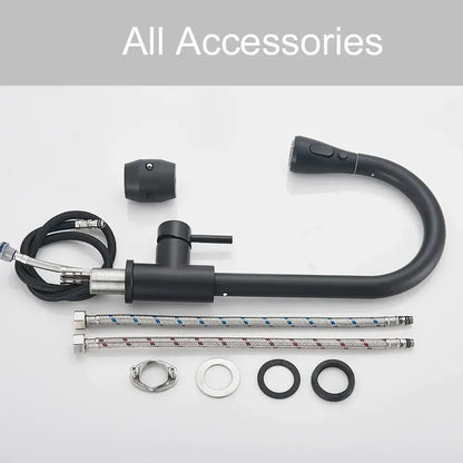 Matte black pull out kitchen sink faucet with flexible gooseneck spout and integrated stream sprayer for kitchen sink use
