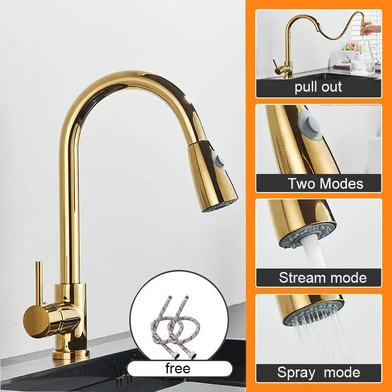 Matte black kitchen sink faucet with gold pull-out spout featuring modern curved design and two spray modes