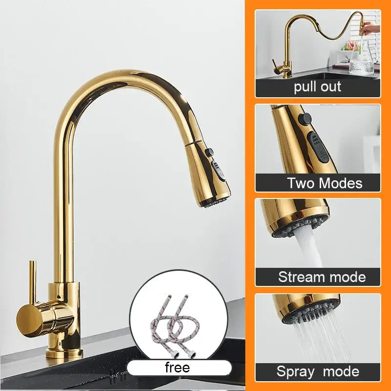 Matte black pull out kitchen sink faucet with gold-colored sleek design and two spray modes for versatile use