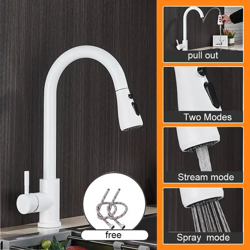 White pull-out kitchen sink faucet with a sleek curved spout and dual spray modes for versatile kitchen use
