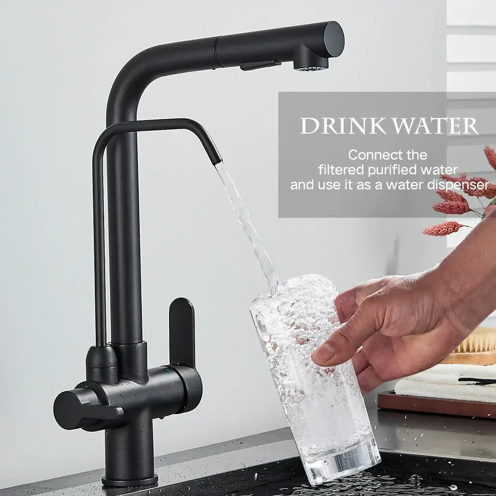 Matte black purification kitchen faucet with sleek modern design and flexible pull out spray kitchen faucet