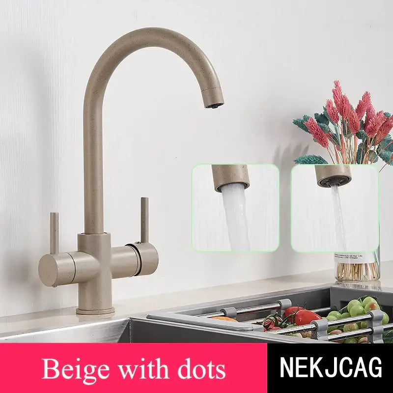 Beige speckled kitchen faucet with curved spout and dual handles for decorbites black purified water use