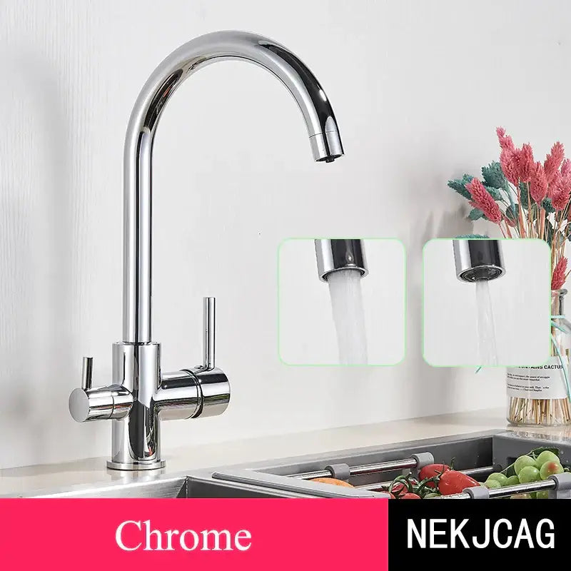 Chrome finished kitchen faucet with sleek arched spout and dual handles for hot and cold water decorbites black purified water