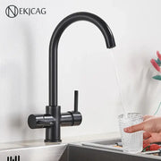 Matte black decorbites black purified water kitchen faucet with dual handles and curved spout for modern kitchens