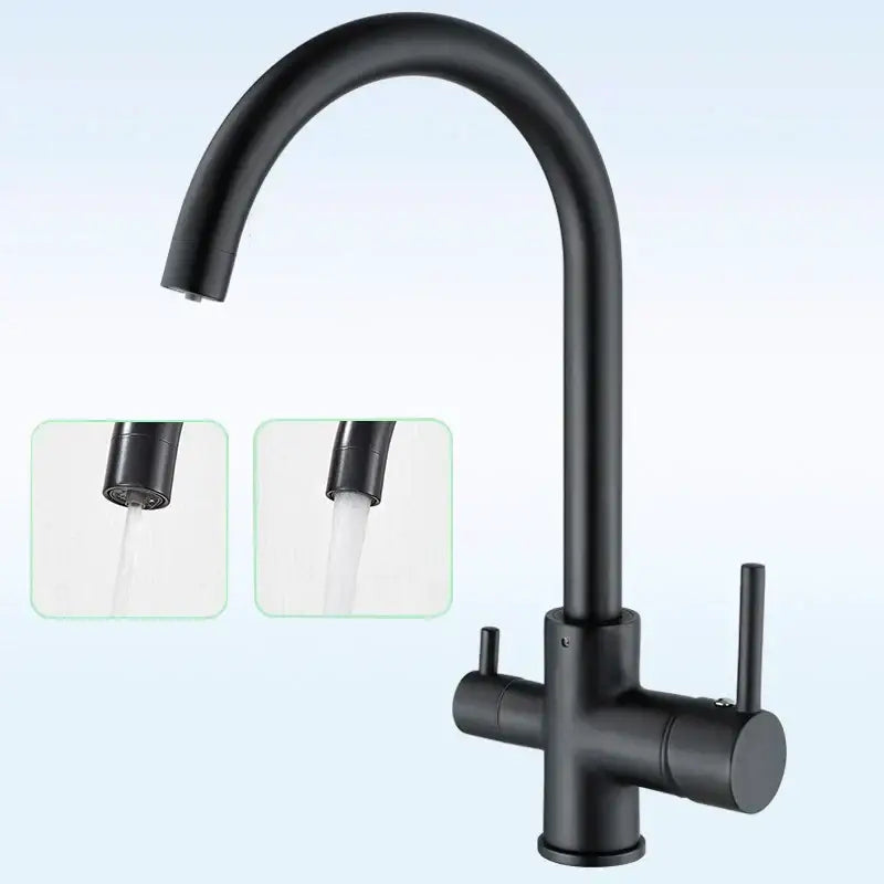 Matte black purified water kitchen faucet with dual handle mixer and sleek curved spout by decorbites black purified