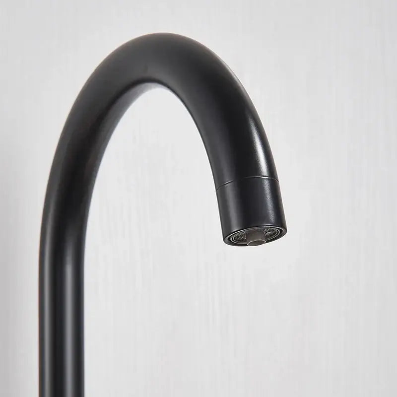 Matte black purified water kitchen faucet with dual handle mixer and sleek curved spout by decorbites black purified