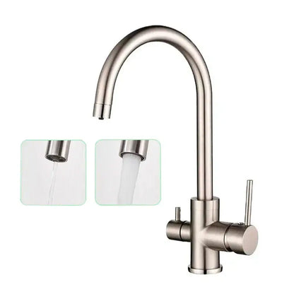 Modern brushed stainless steel kitchen faucet with sleek curved spout and dual handles for decorbites black purified water use