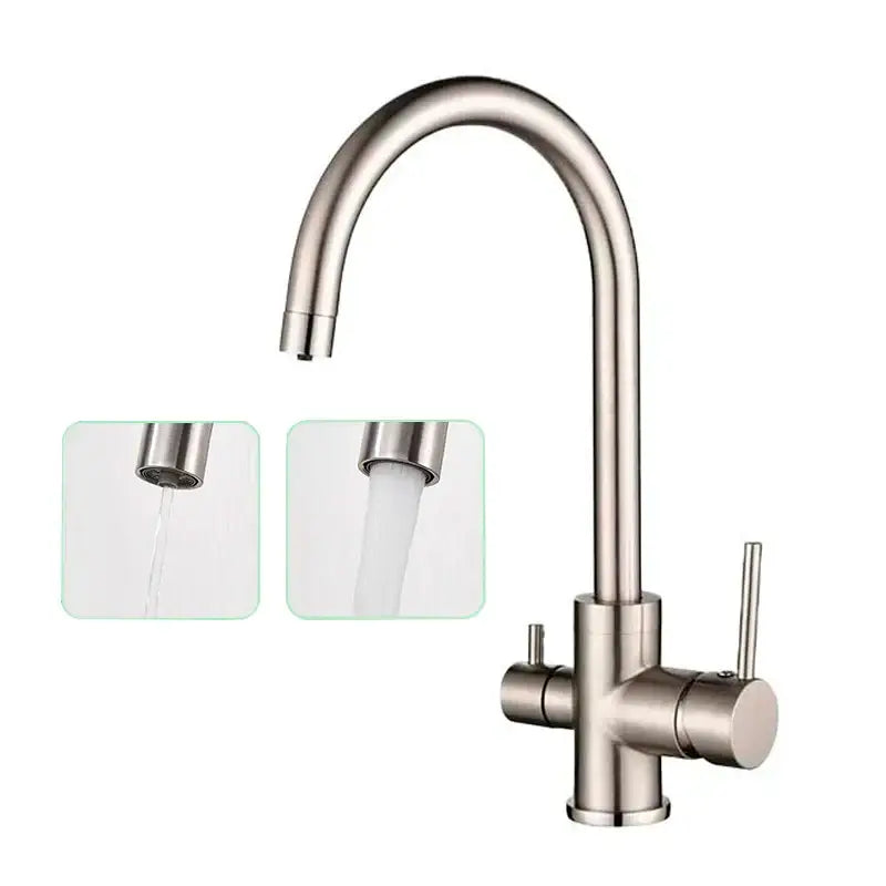 Modern brushed stainless steel kitchen faucet with sleek curved spout and dual handles for decorbites black purified water use