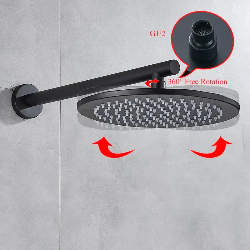 Matte black rain shower set with decorbites brass black round head and handheld spray featuring 360-degree rotation and g1/2 threaded connection