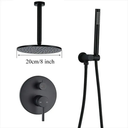 Matte black rain shower set with 20cm round head, handheld spray, and dual-control valve by decorbites brass black