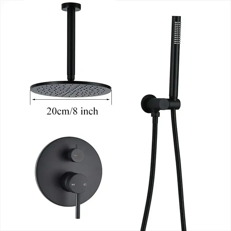 Matte black rain shower set with 20cm round head, handheld spray, and dual-control valve by decorbites brass black