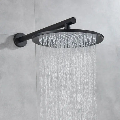 Matte black rain shower set with decorbites brass black finish featuring multiple jets in a modern round head design