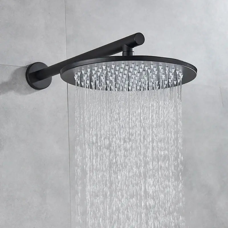Matte black rain shower set with decorbites brass black finish featuring multiple jets in a modern round head design