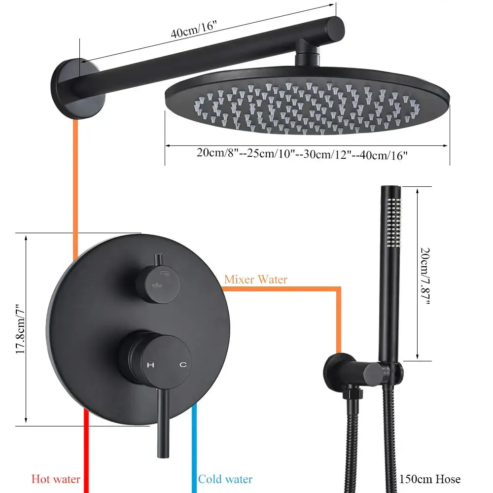 Matte black decorbites brass shower set with round rainhead wall-mounted controls and handheld spray nozzle for bathroom use