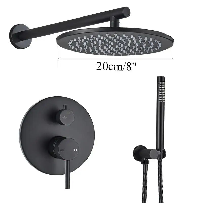 Matte black rain shower set with 20cm circular rainhead and handheld spray from decorbites brass black collection