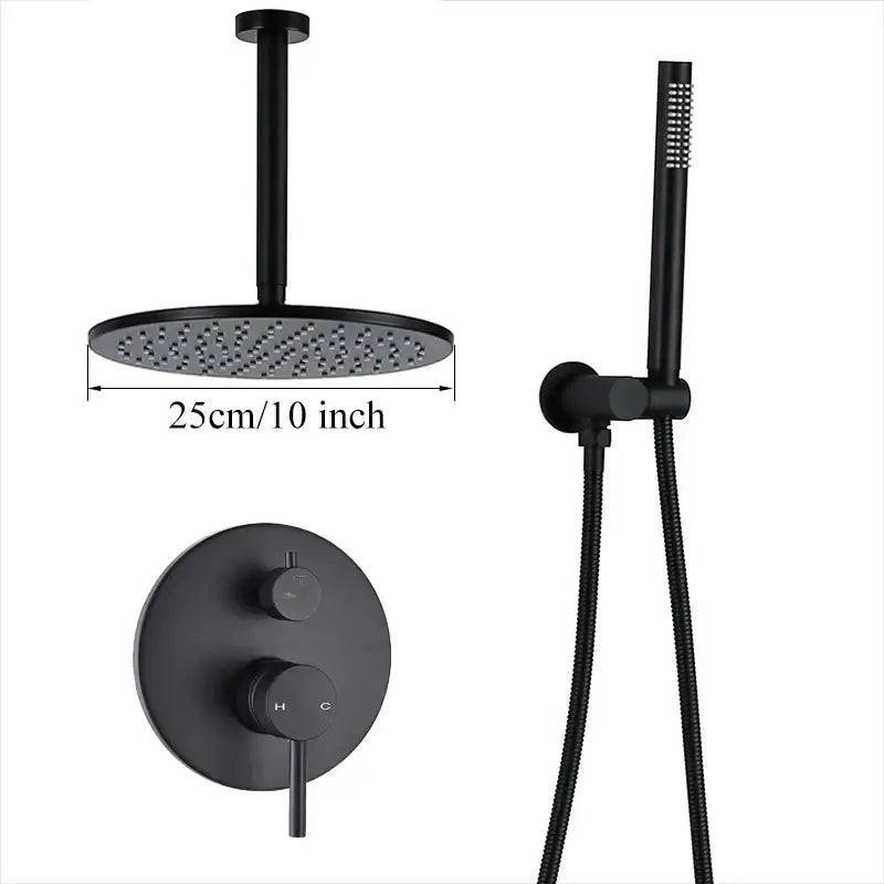 Matte black rain shower set with 10-inch round rainhead handheld spray and dual-control valve by decorbites brass black
