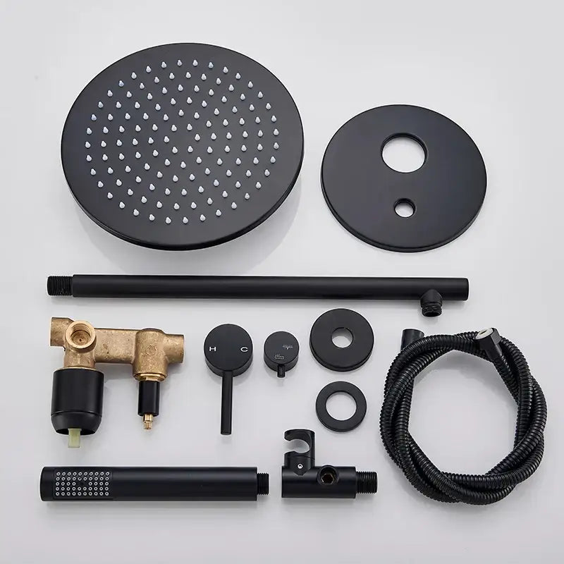 Matte black rain shower set with decorbites brass valve and flexible hose featuring round head and handheld spray