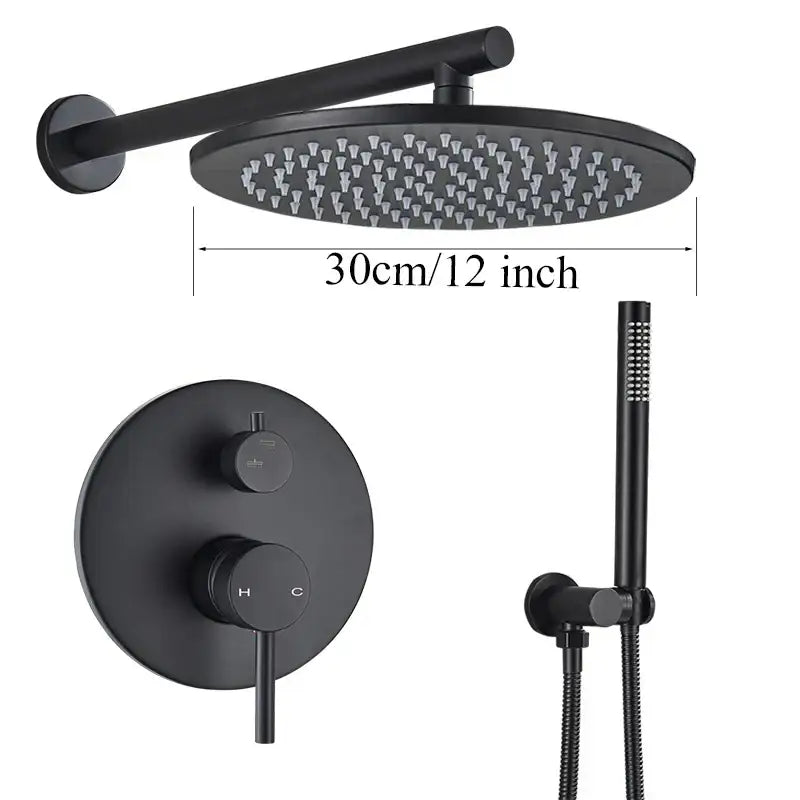 Matte black rain shower set with 30cm round head and adjustable handheld spray by decorbites brass black