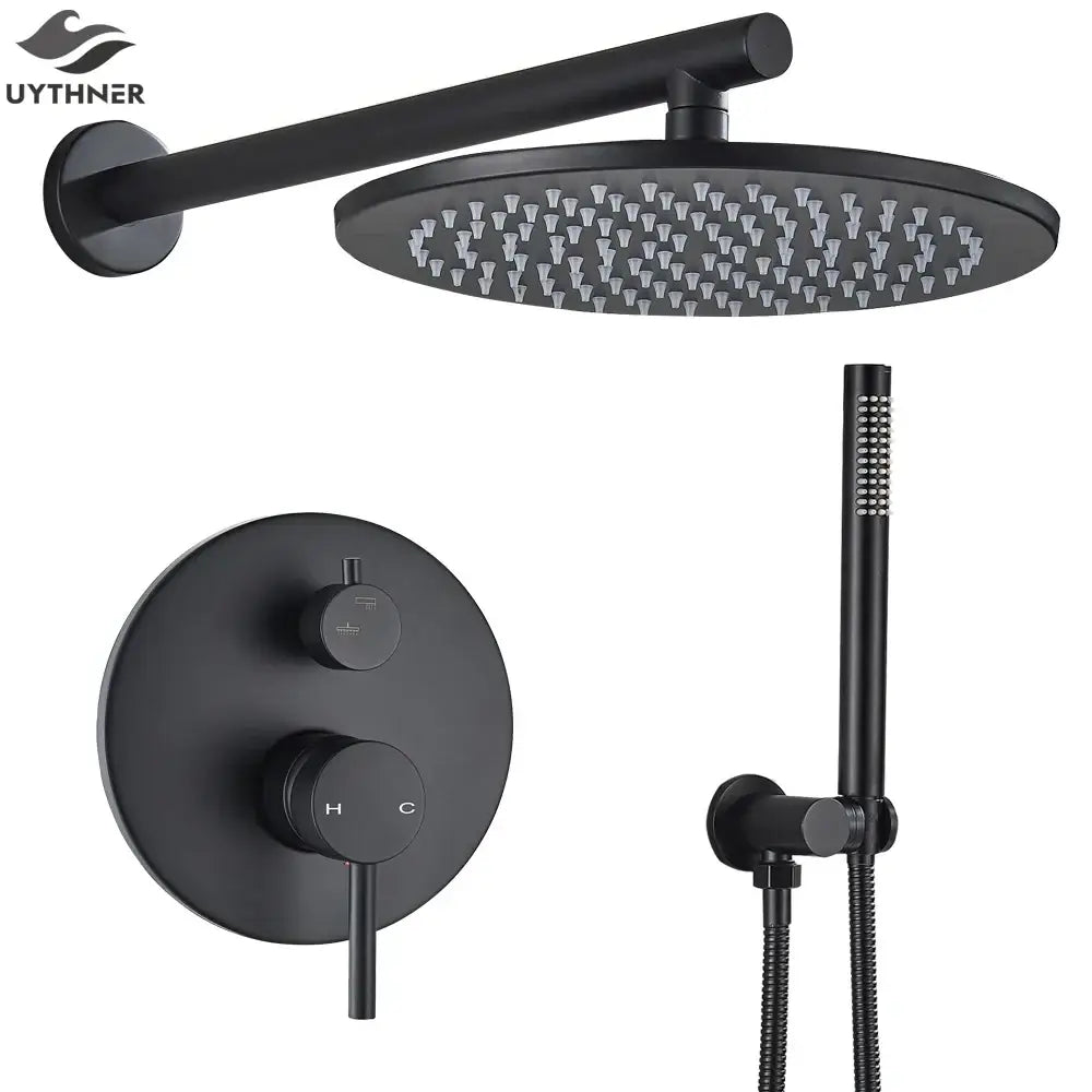 Matte black rain shower set with brass shower head circular design and multiple nozzles by decorbites brass black