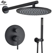 Matte black rain shower set with brass shower head circular design and multiple nozzles by decorbites brass black