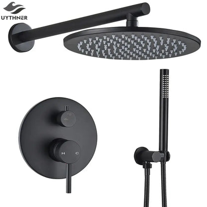 Matte black rain shower set with brass shower head circular design and multiple nozzles by decorbites brass black