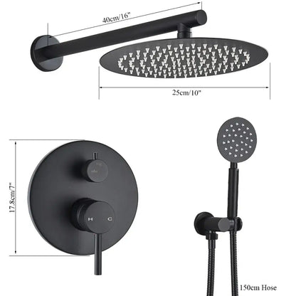 Matte black rain shower set featuring 40cm round head hand shower and circular control panel by decorbites brass black