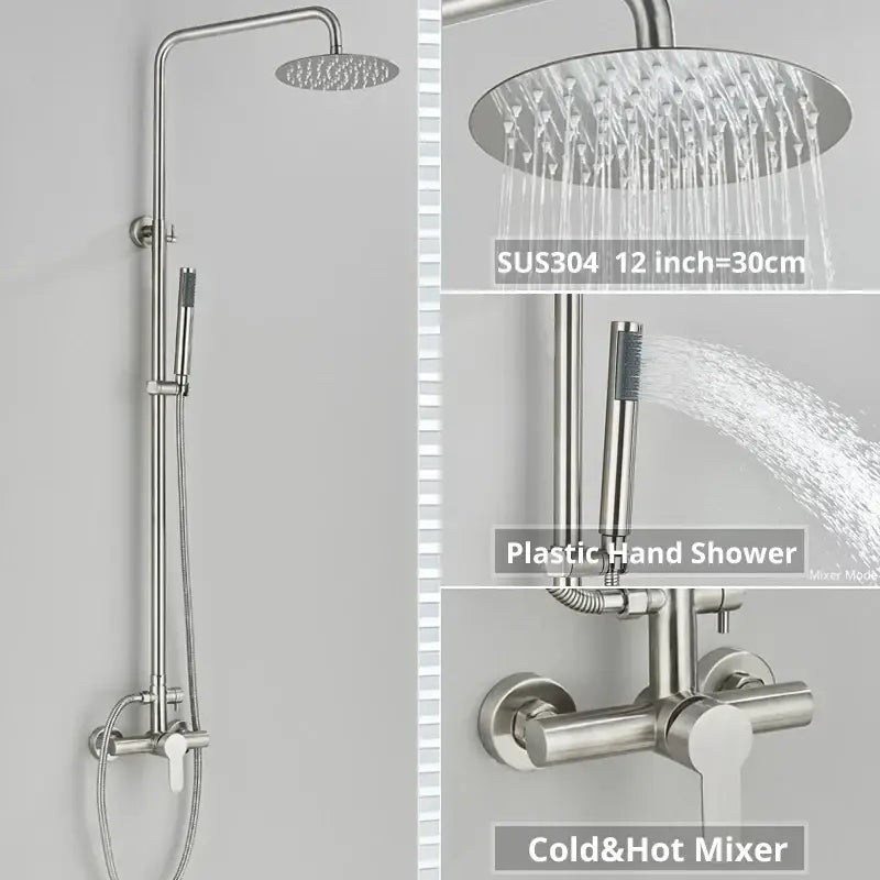 Matte black stainless steel shower faucet set with 12-inch rainhead, adjustable handheld spray, and mixer valve for bathroom
