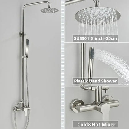 Matte black stainless steel shower faucet set with 8-inch rainhead, adjustable handheld spray, and cold-hot mixer