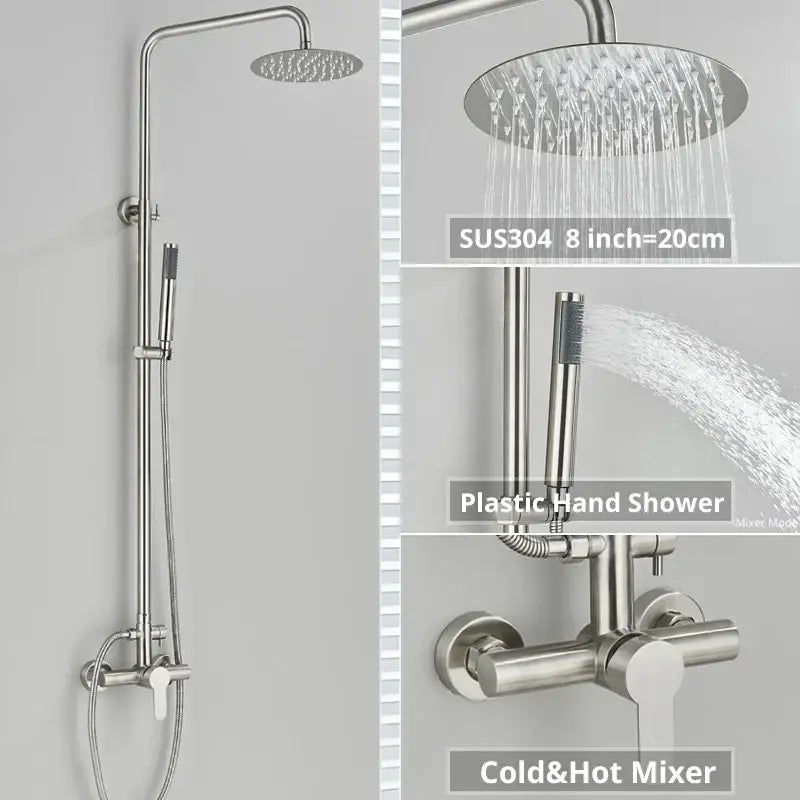Matte black stainless steel shower faucet set with 8-inch rainhead, adjustable handheld spray, and cold-hot mixer