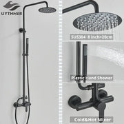 Matte black rainfall shower faucet set with sus304 8-inch rainhead, plastic hand shower, and hot cold mixer for bathroom