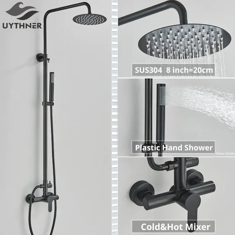 Matte black rainfall shower faucet set with sus304 8-inch rainhead, plastic hand shower, and hot cold mixer for bathroom