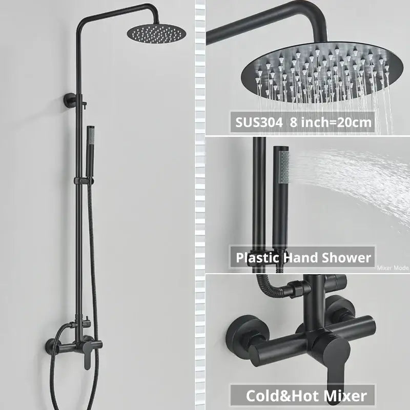 Matte black sus304 stainless steel shower faucet set with 8-inch rain shower head hand shower and mixer for bathroom