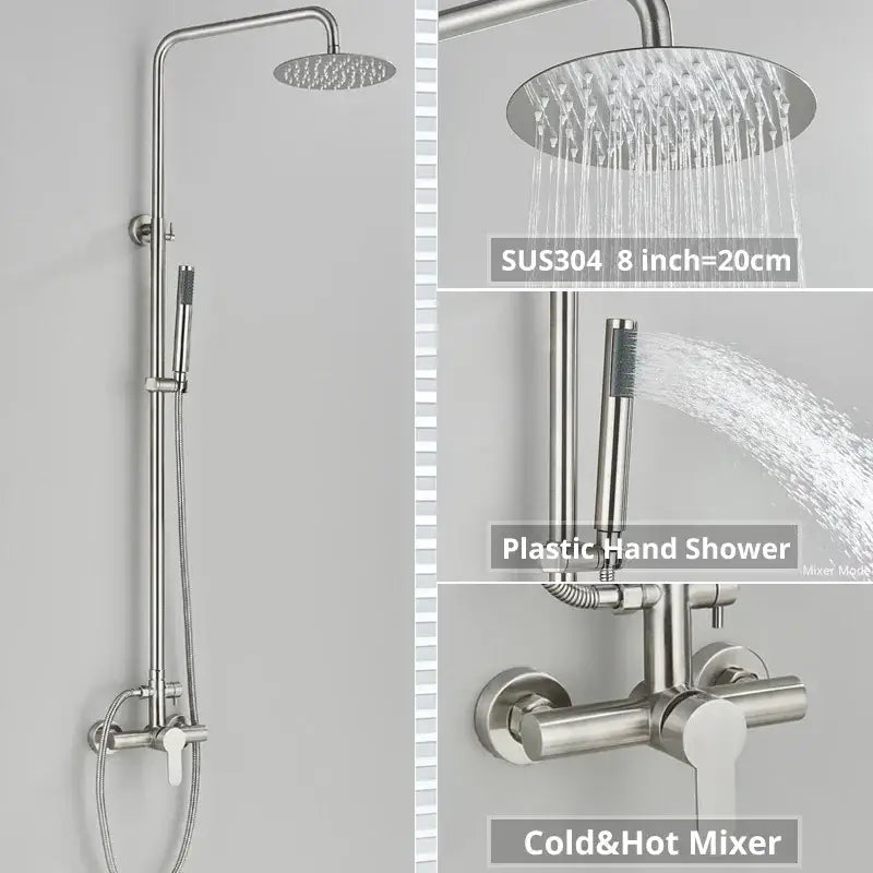 Matte black stainless steel shower faucet set with 8-inch rainhead handheld spray and cold-hot mixer valve for bathroom