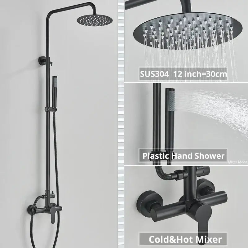 Matte black rainfall shower faucet set with 12-inch rainhead and handheld spray nozzle for bathroom use