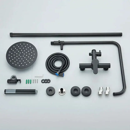 Matte black rainfall shower faucet set with hand shower featuring a round rainhead and curved pipe in a bathroom