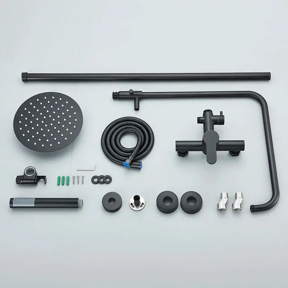 Matte black rainfall shower faucet set with hand shower featuring a round rainhead and curved pipe in a bathroom