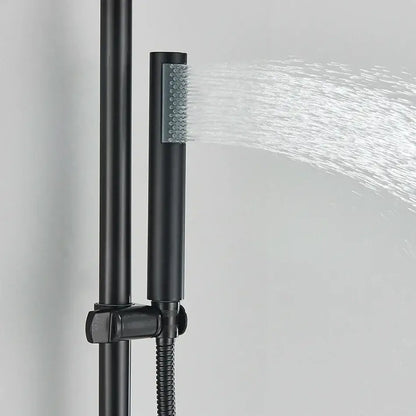 Matte black rainfall shower faucet set with hand shower featuring a black matte shower faucet and rectangular spray face