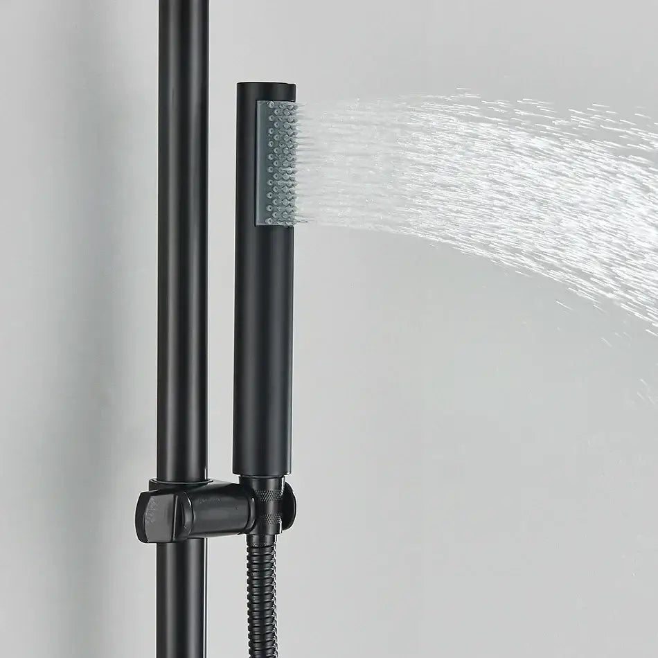 Matte black rainfall shower faucet set with hand shower featuring a black matte shower faucet and rectangular spray face