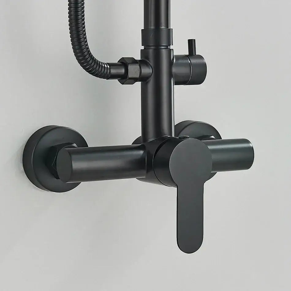 Matte black rainfall shower faucet set with hand shower featuring a sleek wall-mounted shower faucet set with flexible hose
