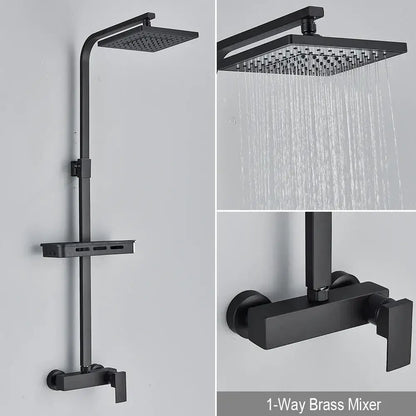 Matte black rainfall shower faucet set with square rainhead and 1-way brass mixer for bathroom use