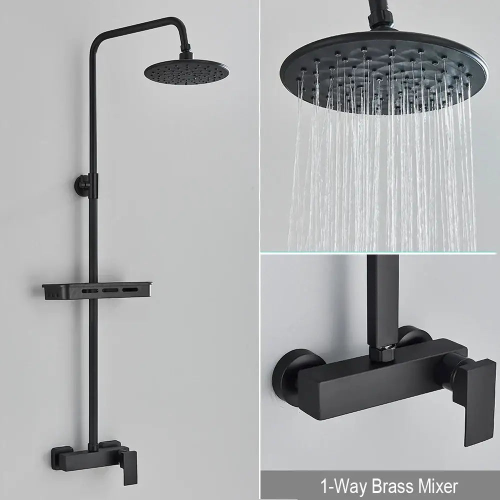 Matte black rainfall shower faucet set with shelf featuring a black matte shower faucet and 1-way brass mixer