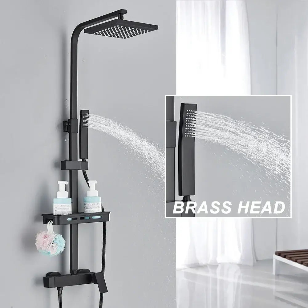 Matte black rainfall shower faucet set with shelf featuring a square rainhead and handheld brass shower faucet for bathroom