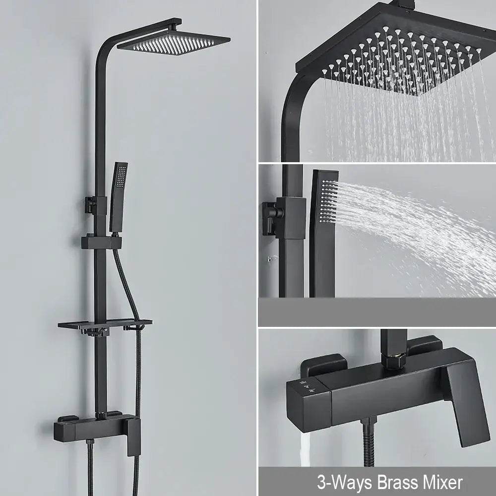 Matte black rainfall shower faucet set with square rainhead handheld spray nozzle and 3-way brass mixer for bathroom