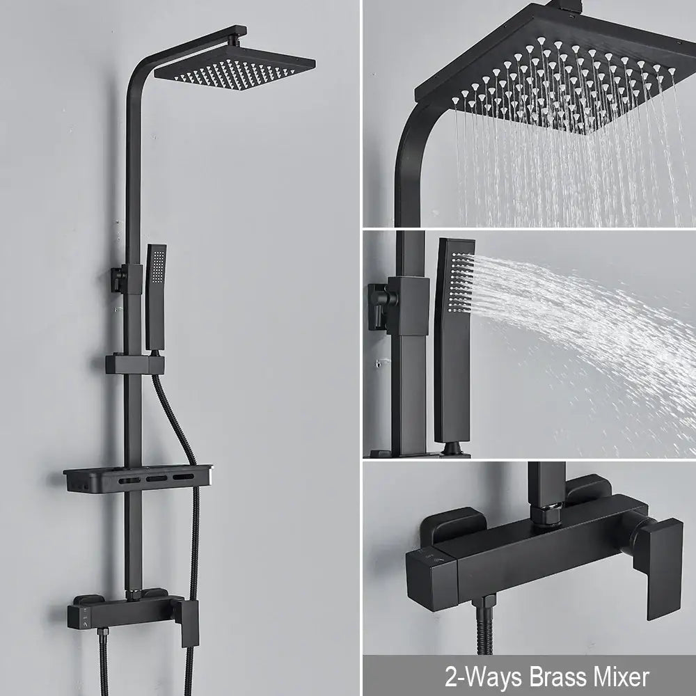 Matte black rainfall shower faucet set with shelf featuring square rainhead handheld spray and 2-ways brass mixer faucet set