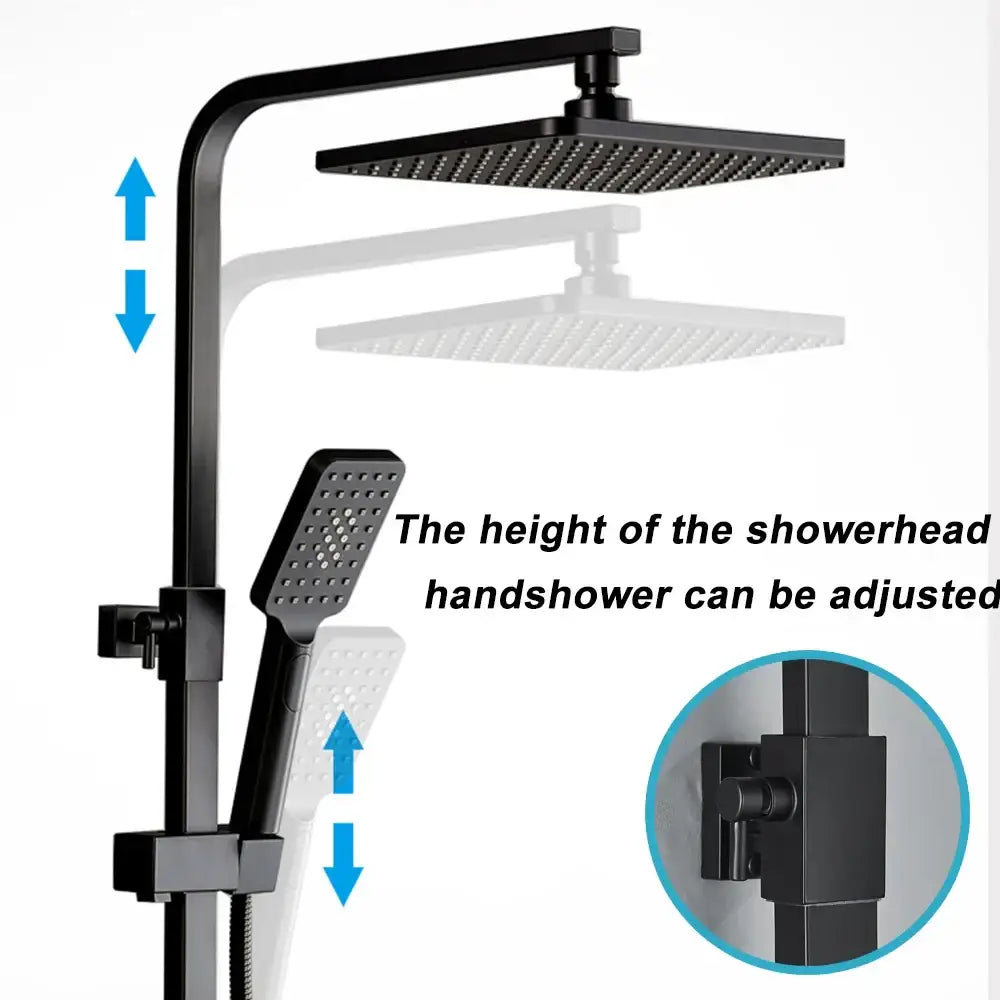 Matte black rainfall shower faucet set with shelf featuring a black matte finished adjustable shower faucet set with square rainhead and handheld unit