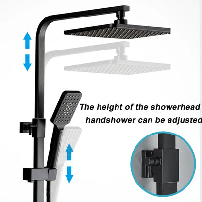 Matte black rainfall shower faucet set with shelf featuring a black matte finished adjustable shower faucet set with square rainhead and handheld unit