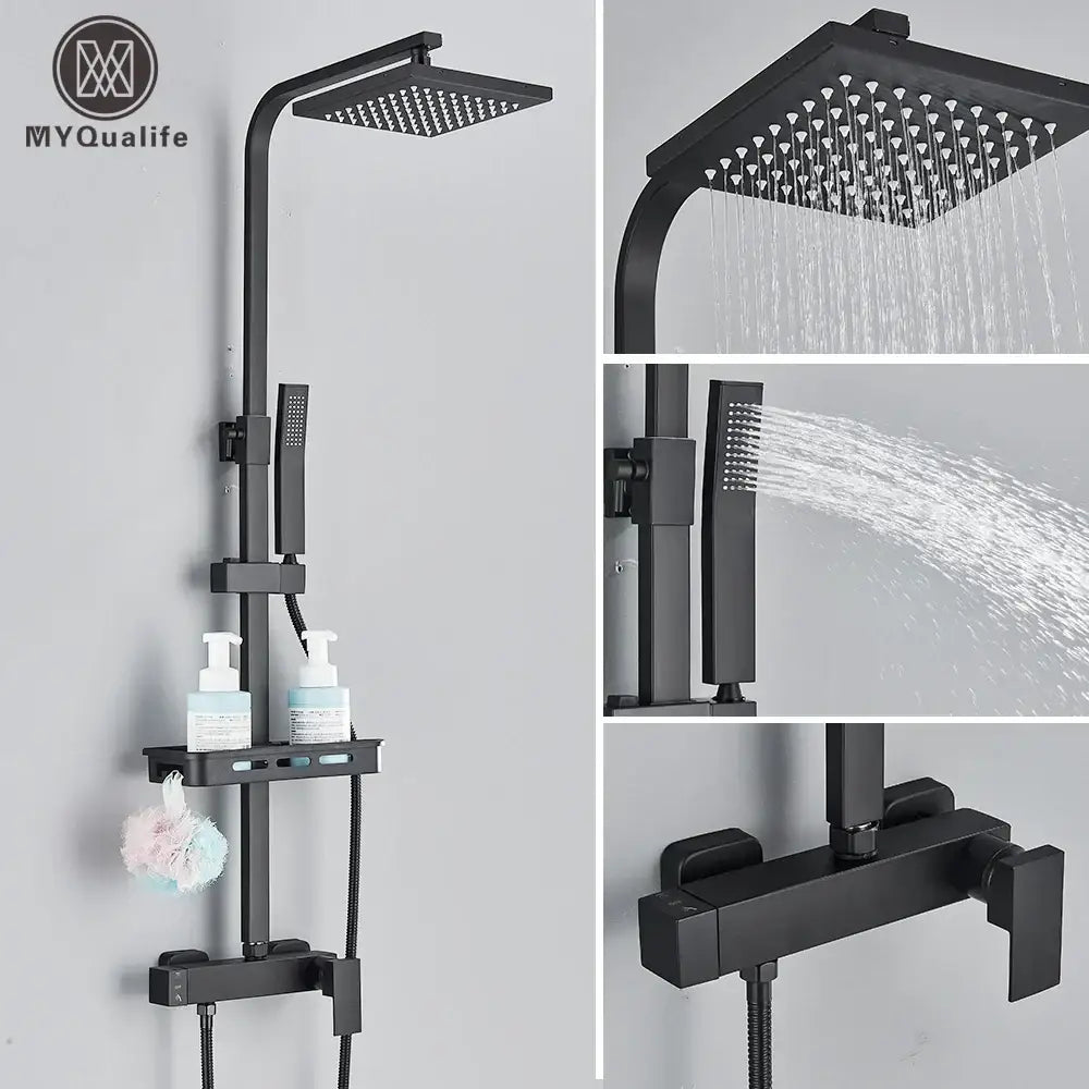 Matte black rainfall shower faucet set with square rainhead handheld spray and integrated shelf for bathroom use