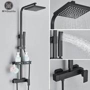 Matte black rainfall shower faucet set with square rainhead handheld spray and integrated shelf for bathroom use