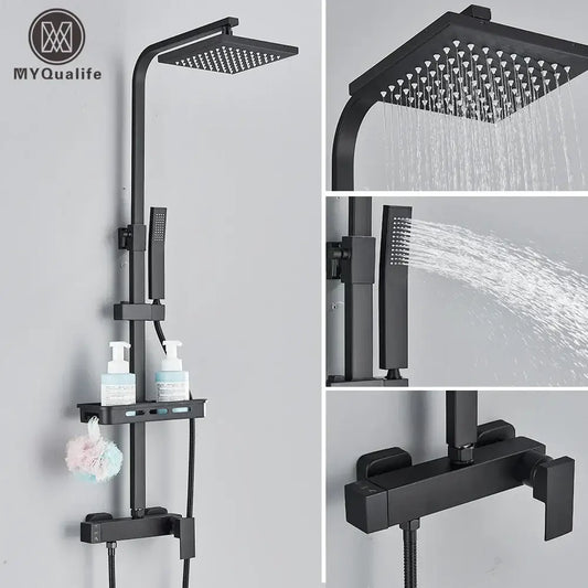 Matte black rainfall shower faucet set with square rainhead handheld spray and integrated shelf for bathroom use